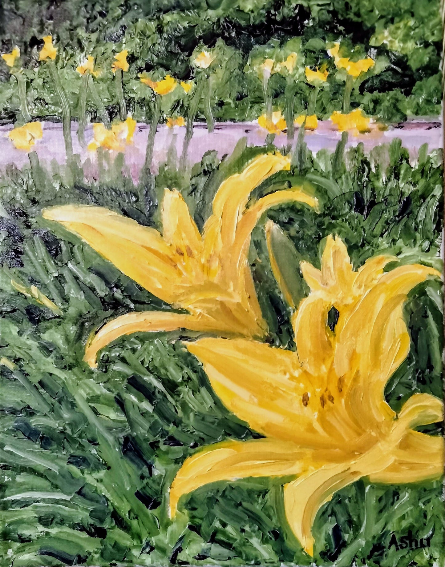 Nature and floral painting of bright yellow lilies on a spring morning
