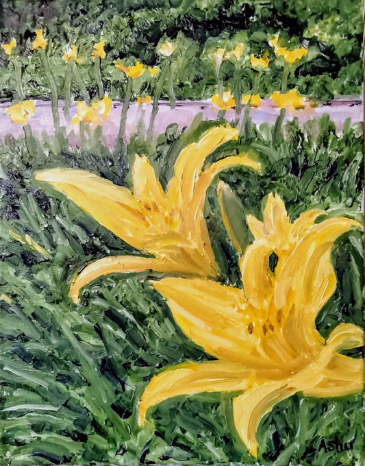 Nature and floral painting of bright yellow lilies on a spring morning