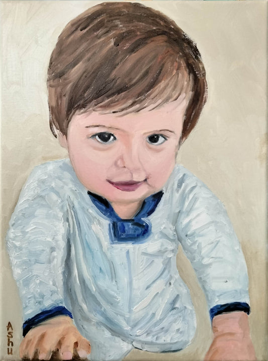 Painting of a child wearing a blue outfit with a neutral background