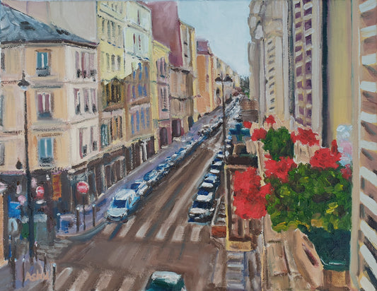 Cityscape architectural painting of a view from the third floor apartment of a one-way street in Paris on a quiet Sunday morning after the rain