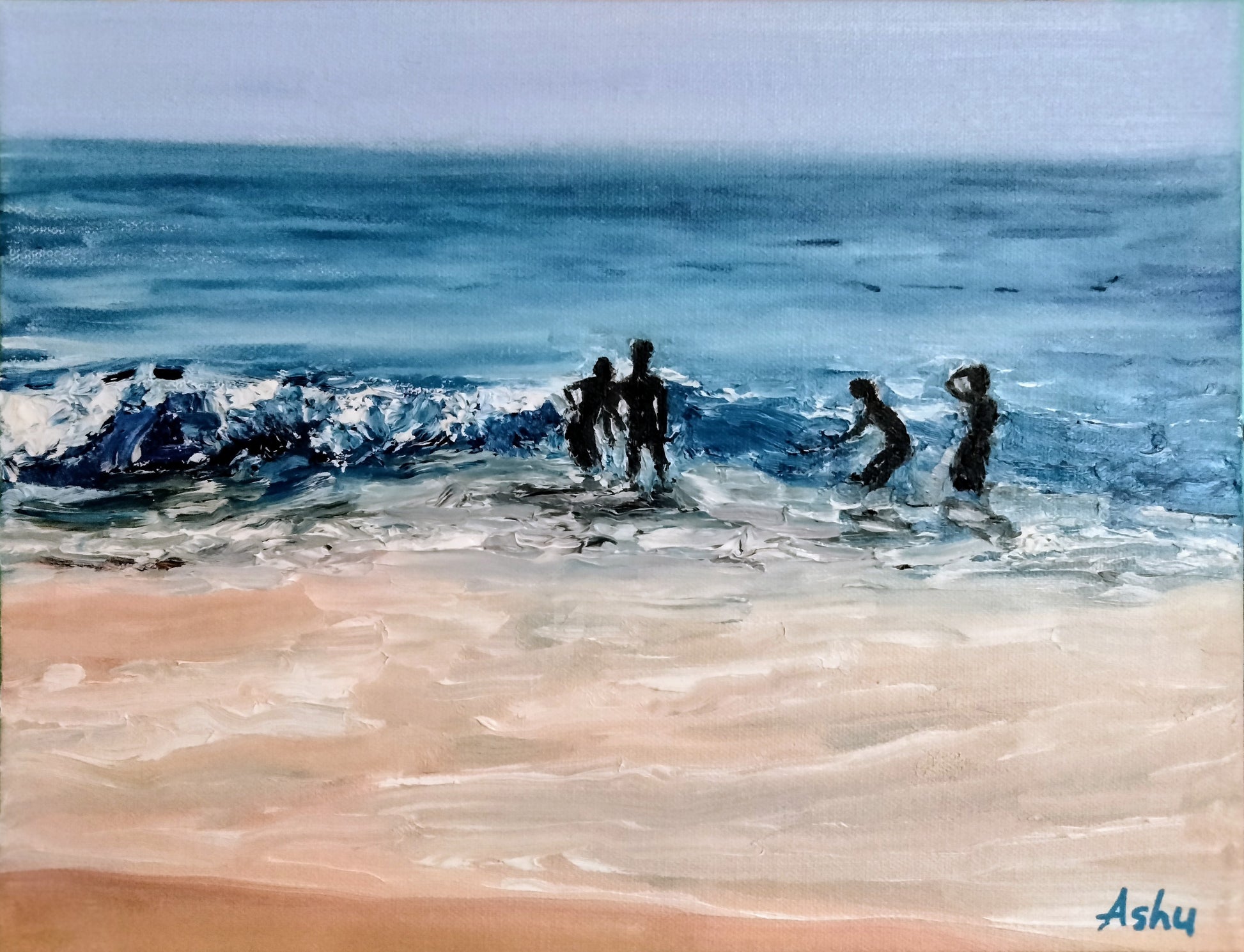 Artistic depiction of people playing in the ocean with a focus on water and sand.
