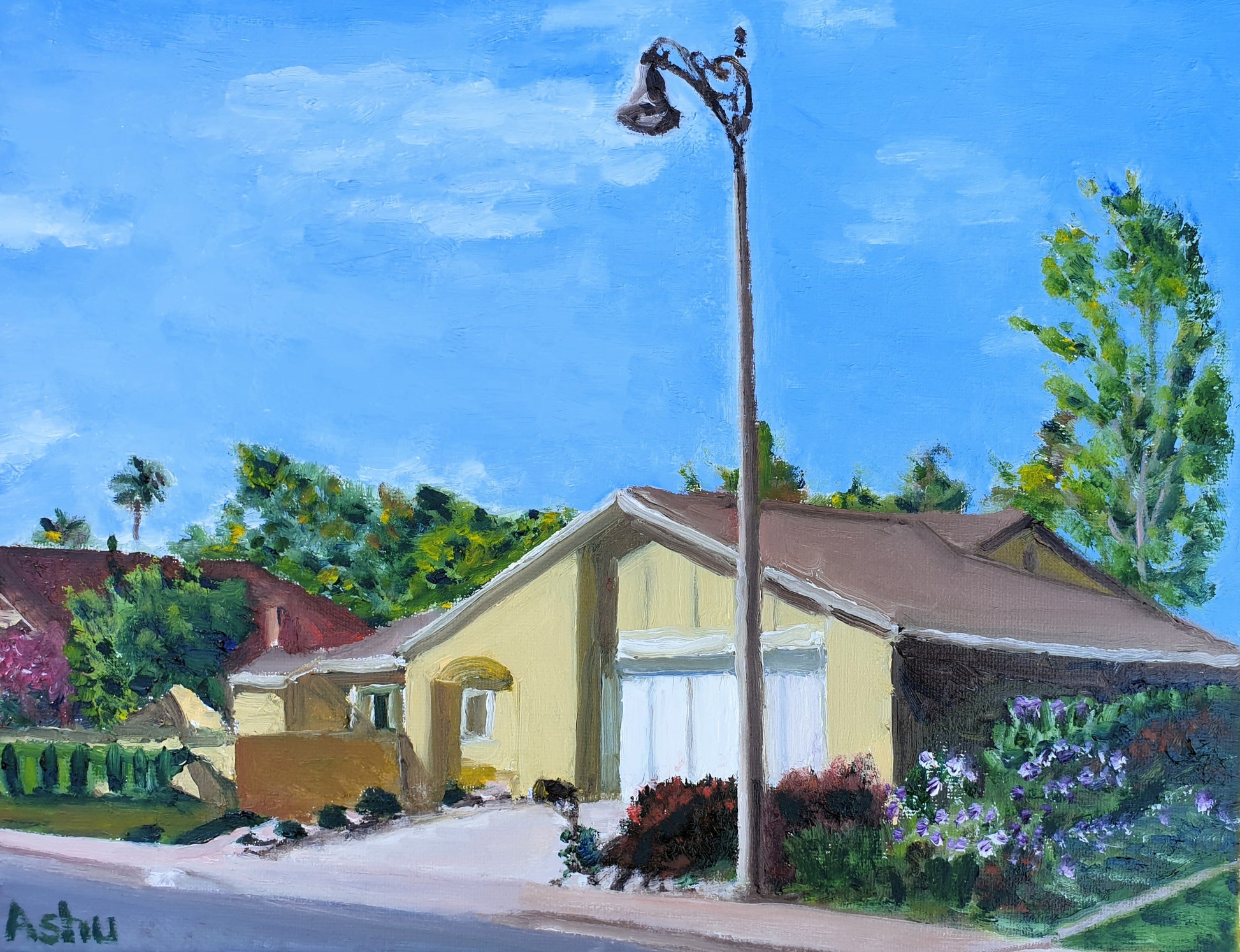 Painting of a single-story southern California house of Spanish architecture with well-manicured front-garden
