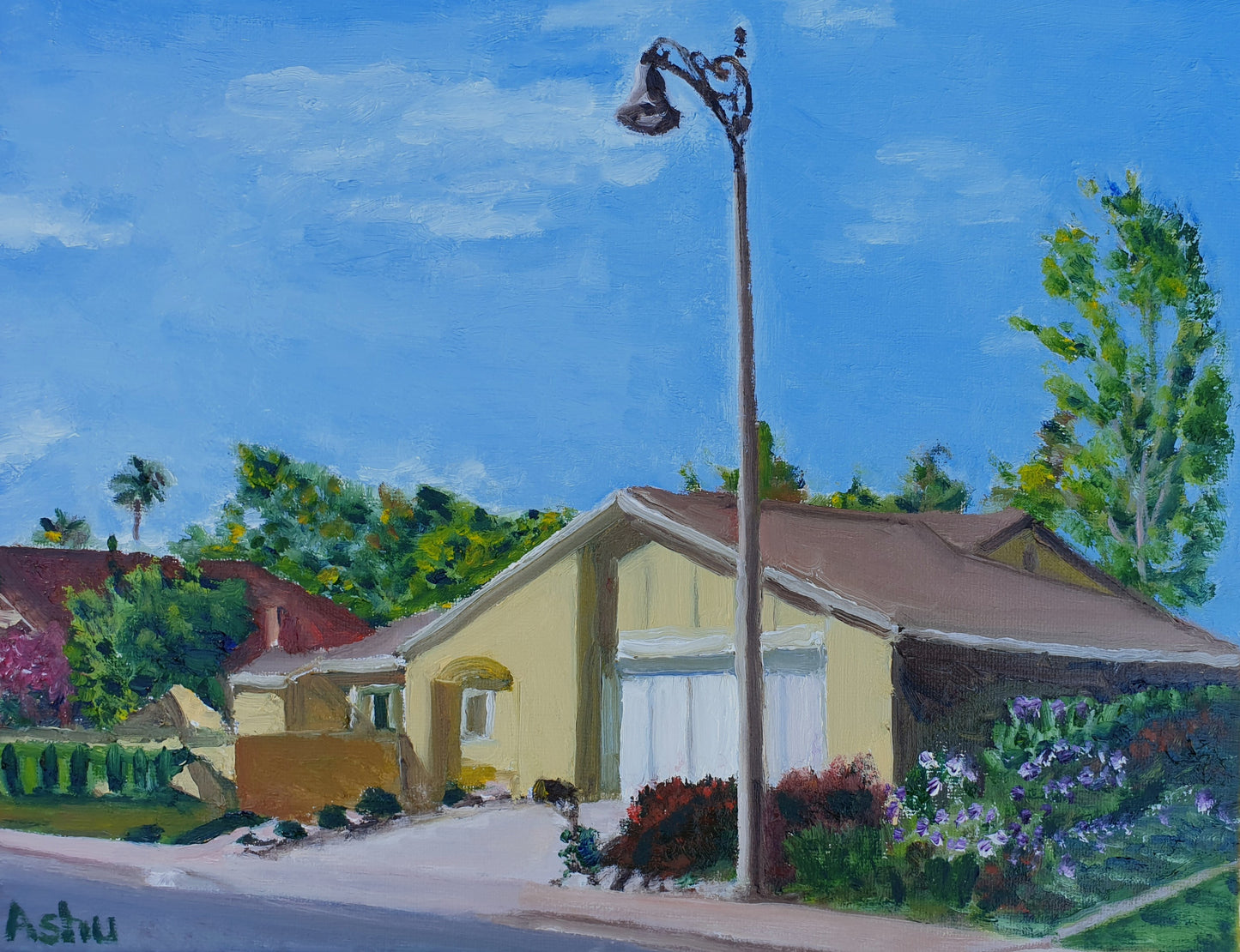 Painting of a single-story southern California house of Spanish architecture with well-manicured front-garden