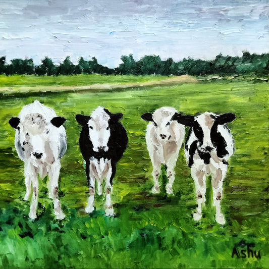 Painting of four cows standing in a field with a green landscape.