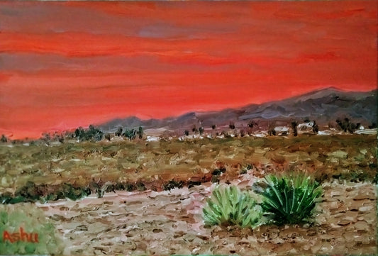 Landscape painting of bright orange sunrise in from the desert of Twentynine Palms, California