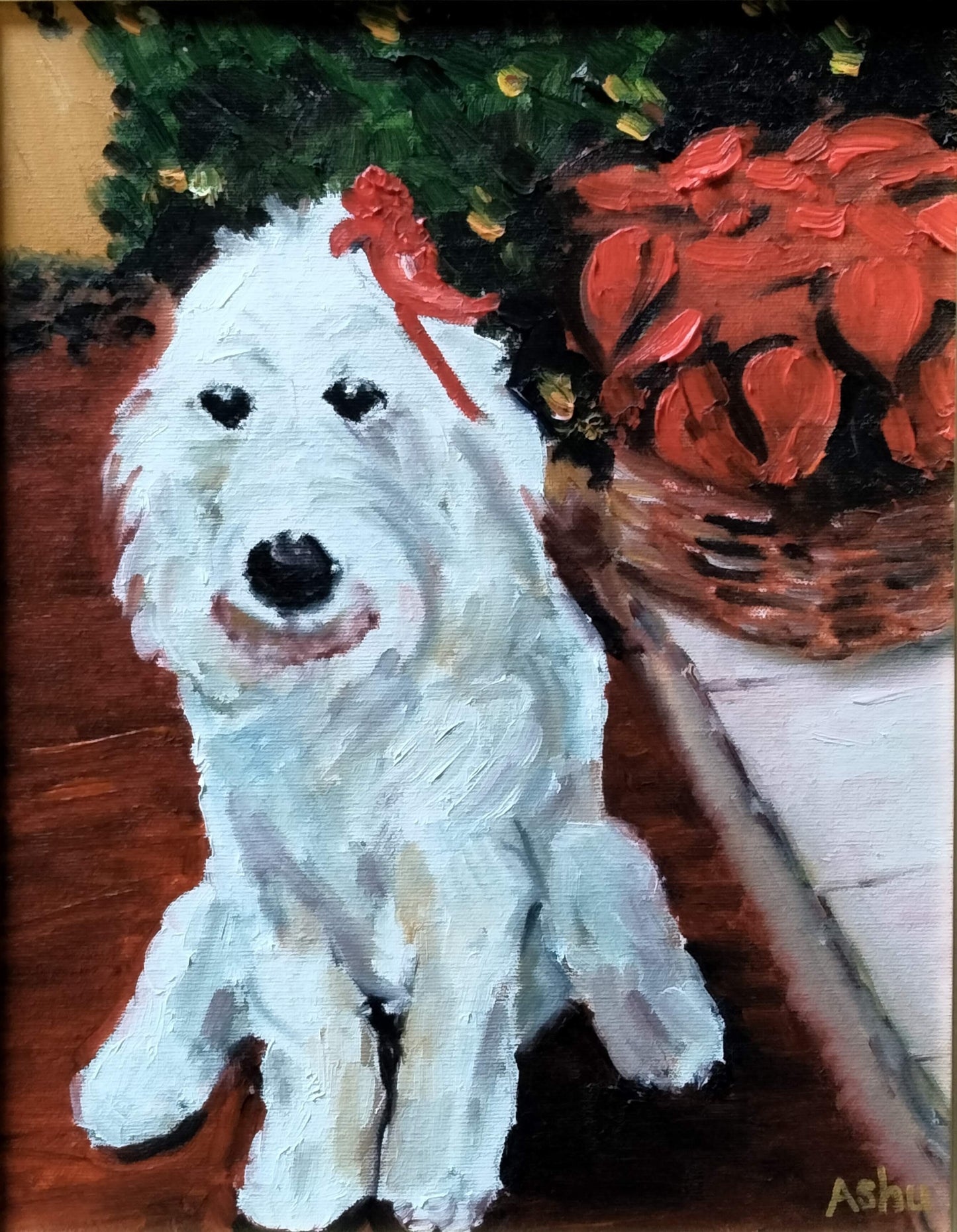 Painting of a Golden Doodle dog decked with a red ribbon posing by the poinsettias