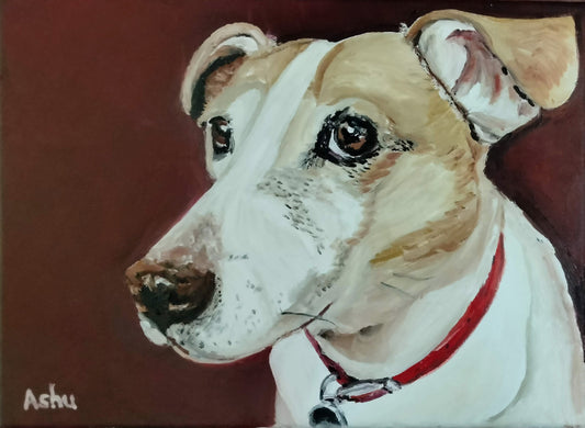 Painting of a dog's face with a red collar on a brown background
