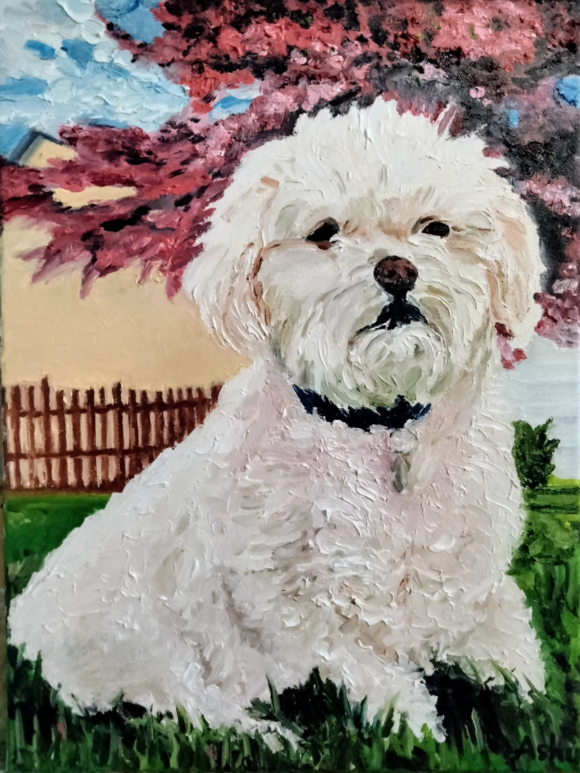 Painting of a dog looking happy sitting on the lawn outside his house on a bright sunny day