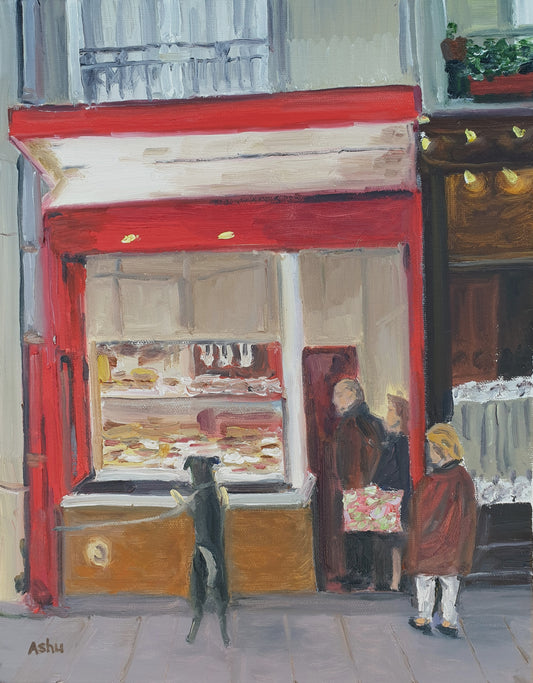 Painting of a Paris evening scene of&nbsp;a dog standing on his hind legs outside a delicatessen storefront at a sidewalk