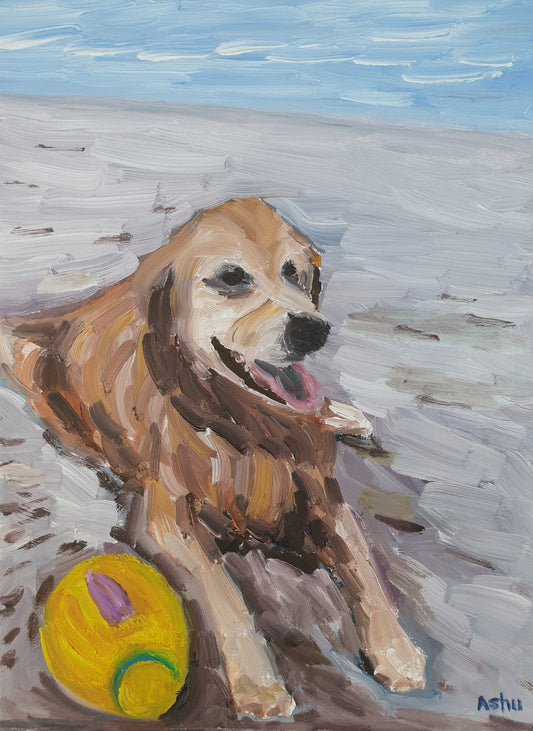 Seascape painting of a soaking wet golden-retriever dog