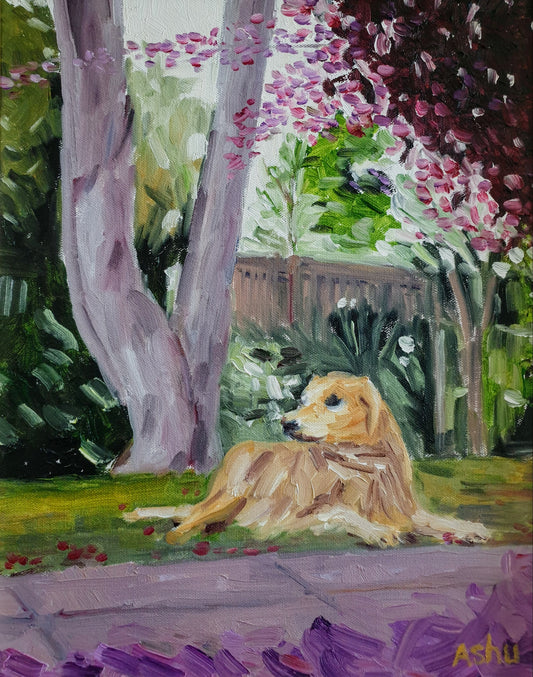 Painting of a dog sitting on a path in a garden with trees and flowers.