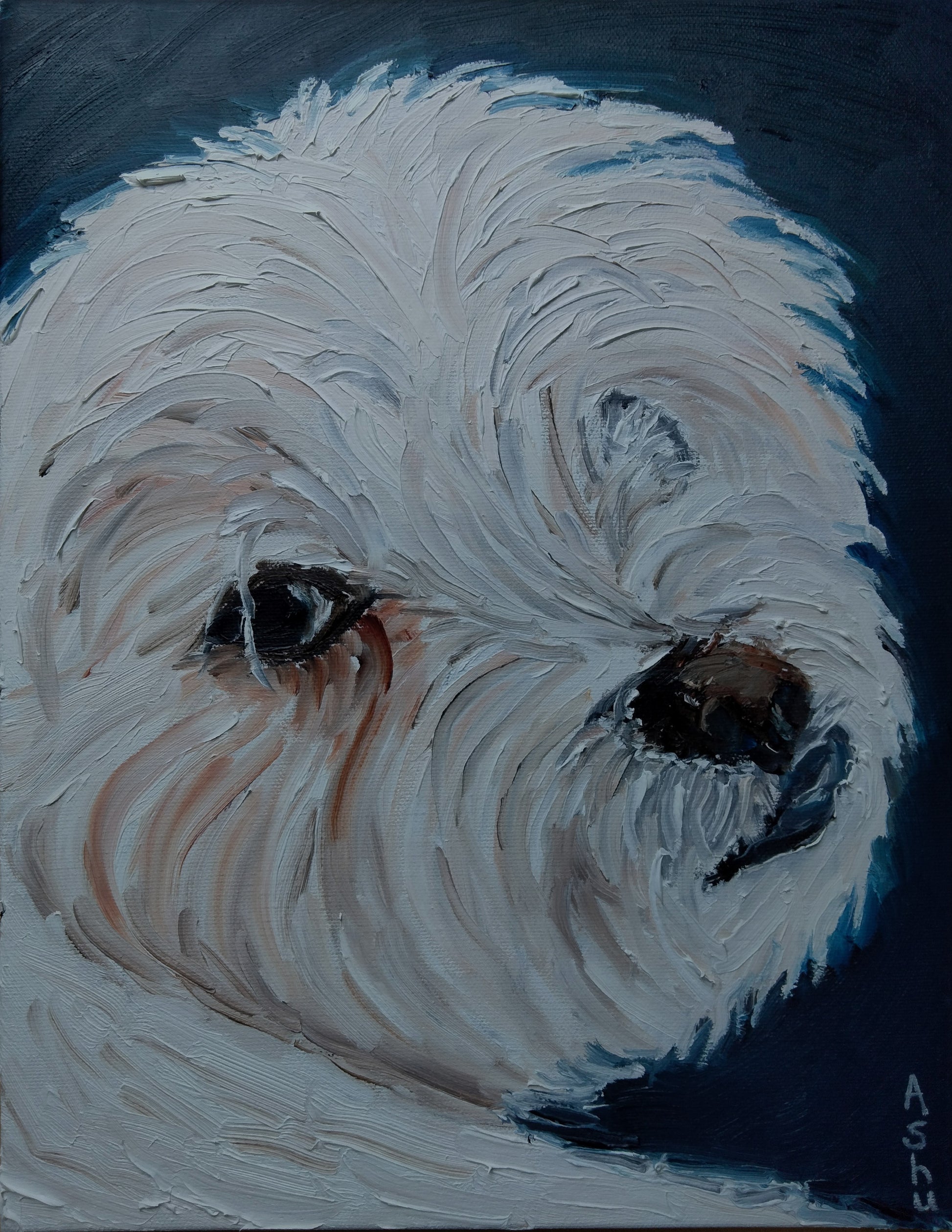 Portrait painting of a Yorkshire Terrier dog giving a puppy-eye look