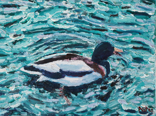 Waterscape painting of a Mallard duck wading in a pond creating ripple effects in the water under the bright sunlight