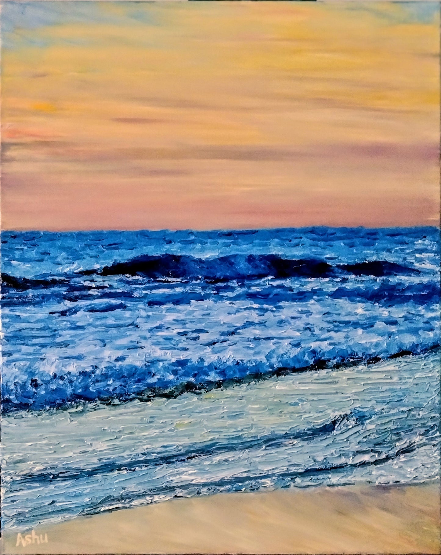 Painting of an evening seascape scene with orange sky, deep strong blue waves at distance, and gentle surf touching the shore