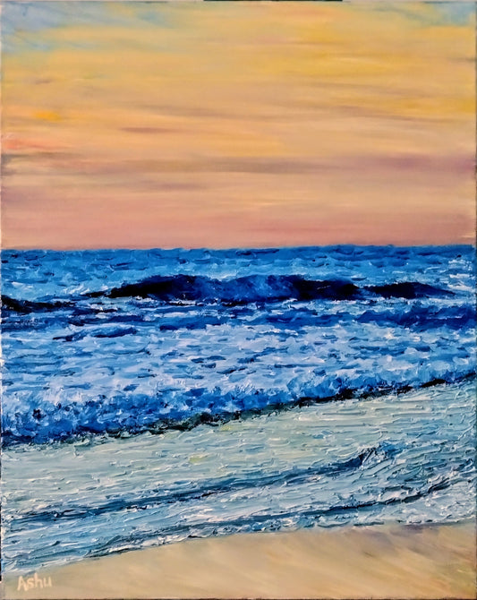 Painting of an evening seascape scene with orange sky, deep strong blue waves at distance, and gentle surf touching the shore