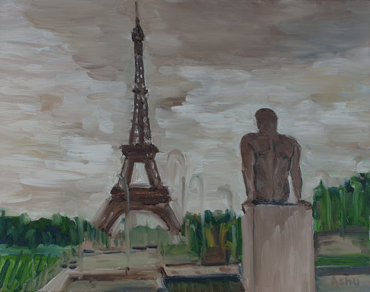  Painting of an autumn evening view of the Eiffel Tower from Trocadero Gardens with a larger than life male statue facing the magnificent tower