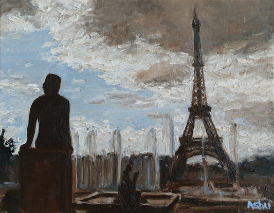 Painting of an autumn evening view of the Eiffel Tower from Trocadero Gardens with a larger than life female statue facing the magnificent tower