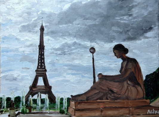 Painting of a larger than life statue of a woman overlooking the magnificent Eiffel Tower and Trocadero Gardens on a wet and cloudy autumn day in Paris