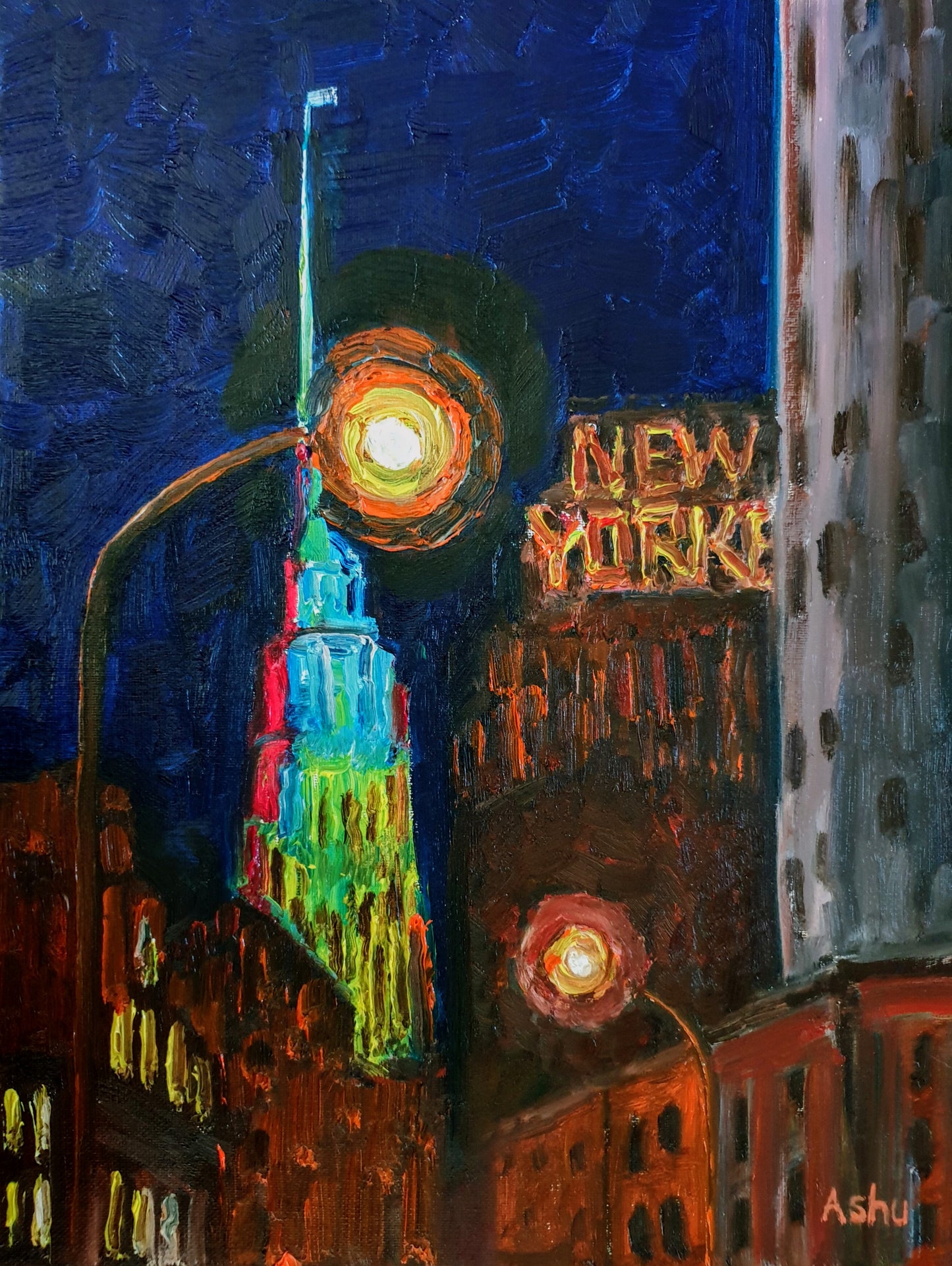 Cityscape painting of a New York city scene on a cold winter night with a view of the brightly lit Empire State Building and the building and signage of the New Yorker Hotel