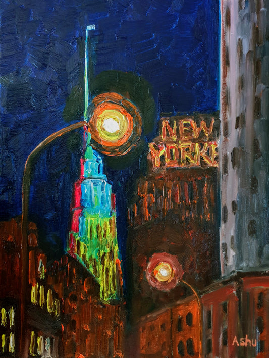 Cityscape painting of a New York city scene on a cold winter night with a view of the brightly lit Empire State Building and the building and signage of the New Yorker Hotel