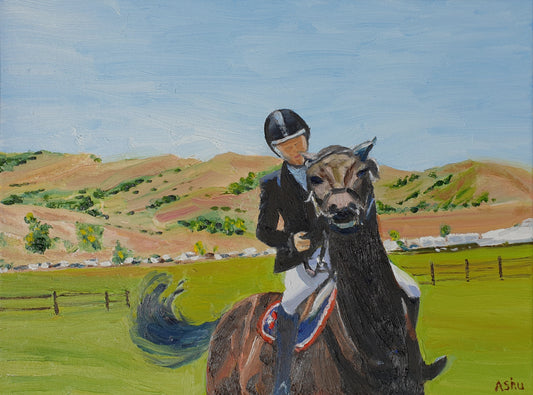 Painting of an equestrienne maneuvering her horse prior to the horse jumping show