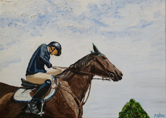 Painting of an equestrian maneuvering his horse prior to the horse show jumping competition