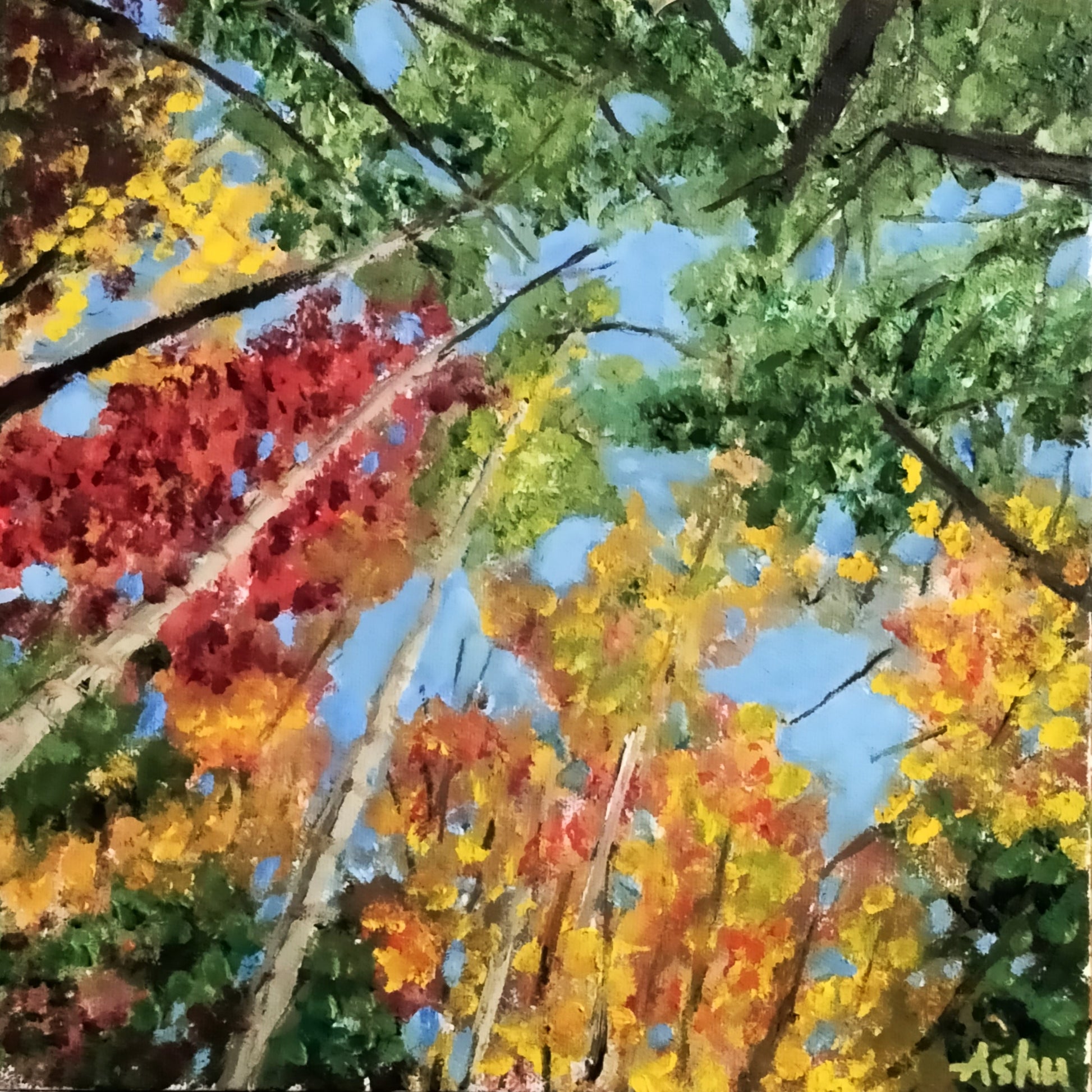 New England landscape painting of the bottom-up view of the colorful trees in a variety of foliage colors and blue sky peeking through them
