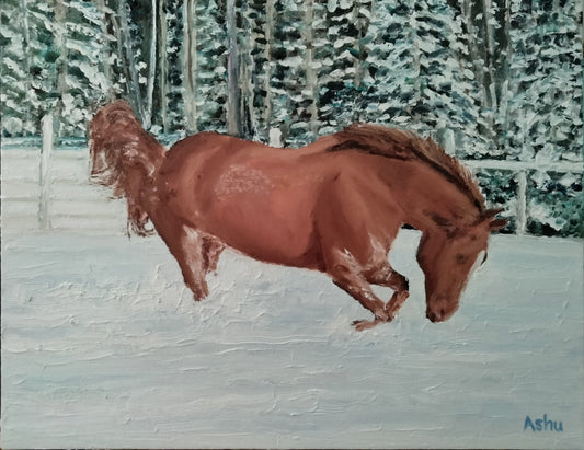 Painting of a a happy chestnut #horse jumping with joy, celebrating the first winter snow in the coastal Maine, USA