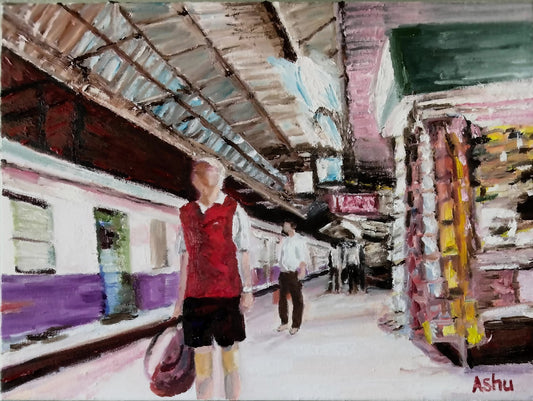 painting of a slightly hunched slim aged man in a red sweater and dark shorts holding a tennis racket and a sports bag about to board the train at the platform in a Mumbai train station