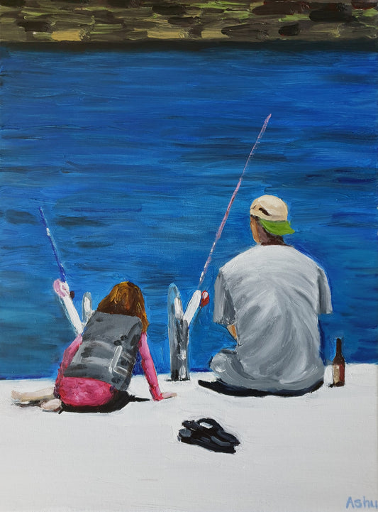 Painting of a father and daughter duo sitting patiently by the lake with fish hooks on a bright summer afternoon