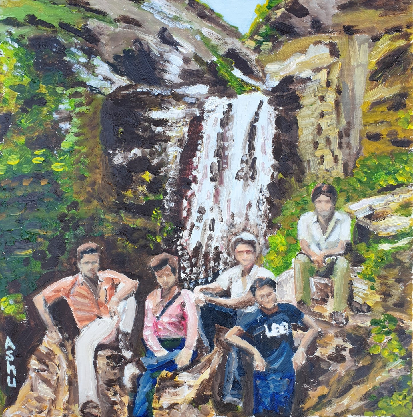 painting of five college friends posing in front of a waterfall