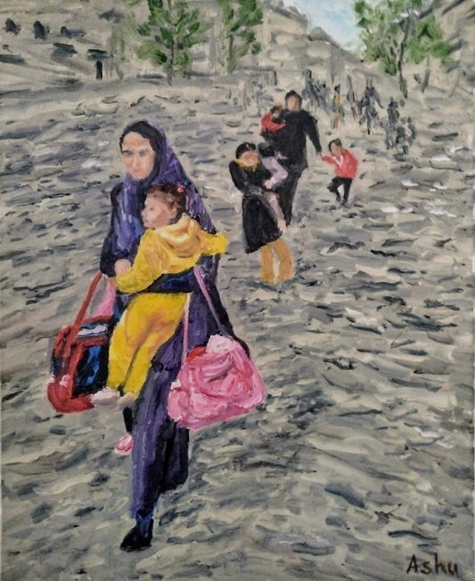 Painting of a family with young children, led by a mother carrying her child, walking through the rubble in war-torn Gaza