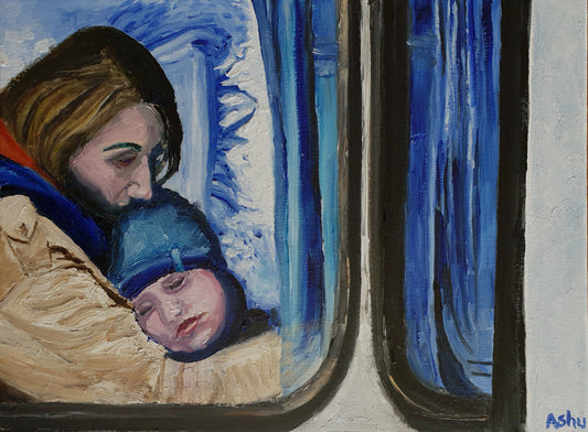 Painting of Ukraine refugee mother-child on their arrival in Poland