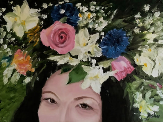 Painting of a woman, wearing a flower crown, looking cheerful and joyous