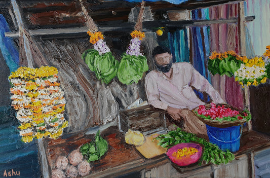 Painting of a Flower Seller of Mumbai: A brawny, bearded man sitting under the banyan tree selling marigold flowers and betel-leaf garlands