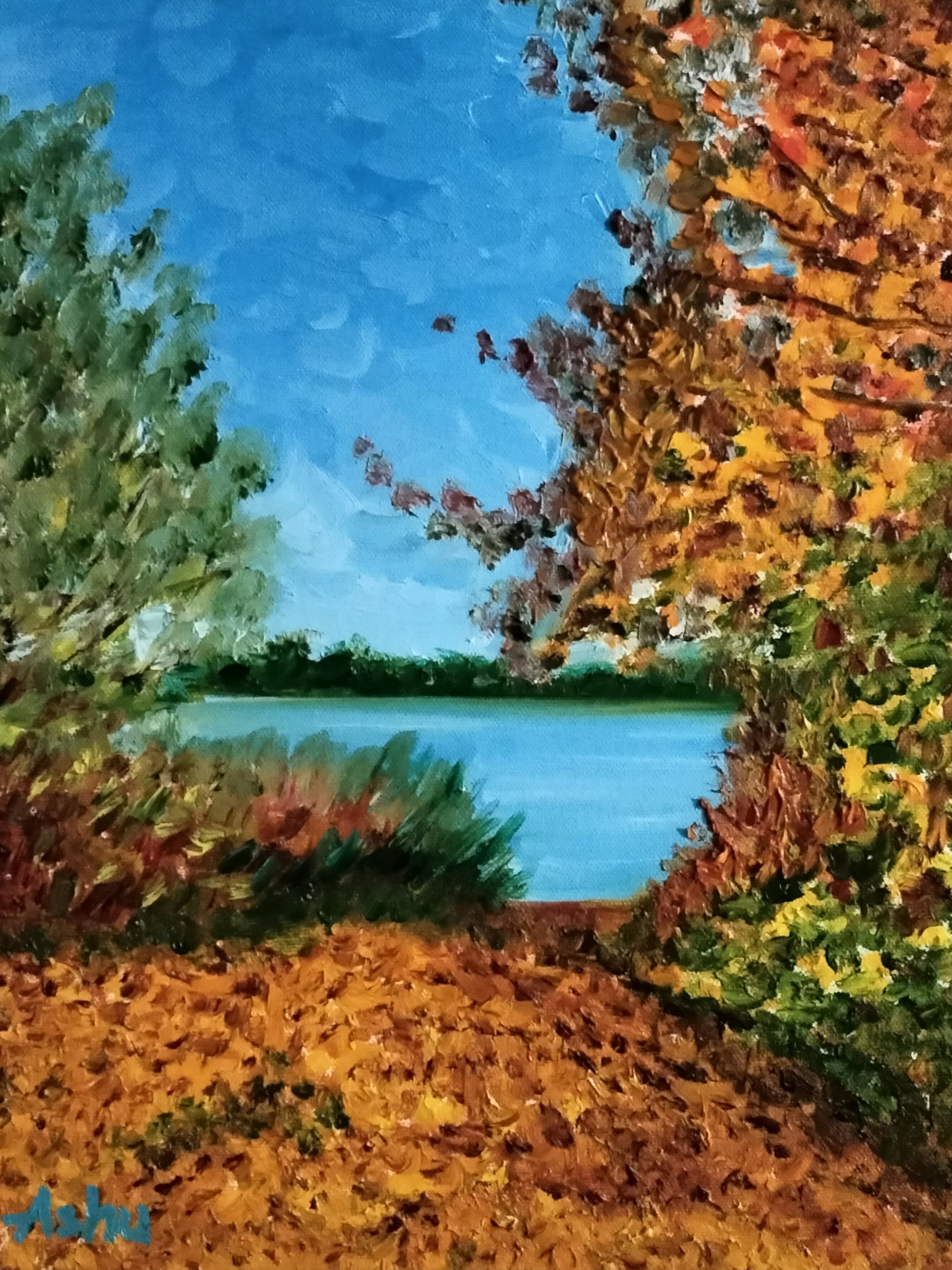 Painting of an autumn foliage landscape with trees, fallen leaves, blue sky and lake.