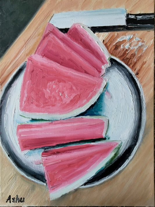 Painting of ripe, juicy bright red slices of watermelon in a stainless steel plate