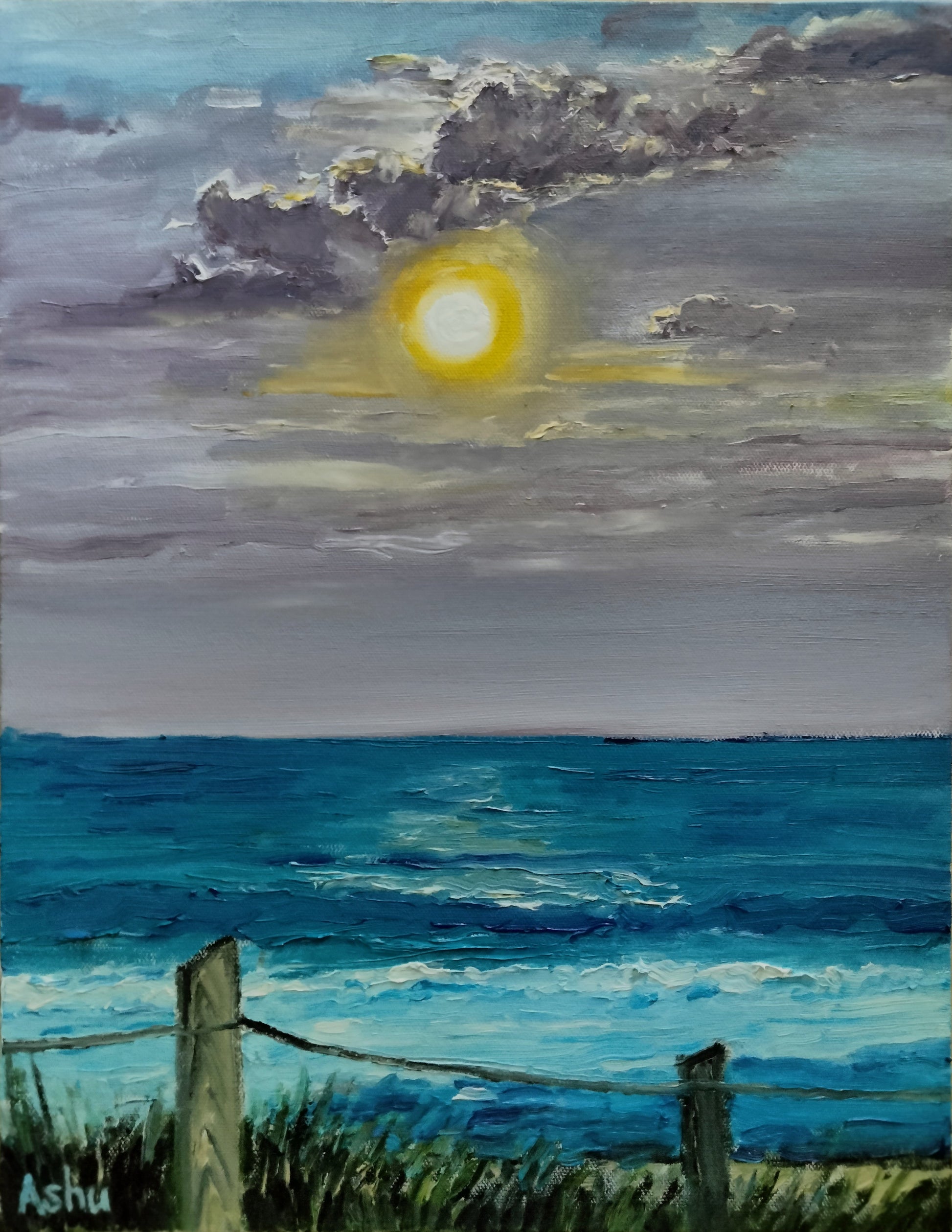 Painting of the spring full moon rising over Deerfield Beach in Florida