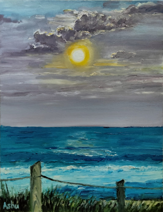 Painting of the spring full moon rising over Deerfield Beach in Florida