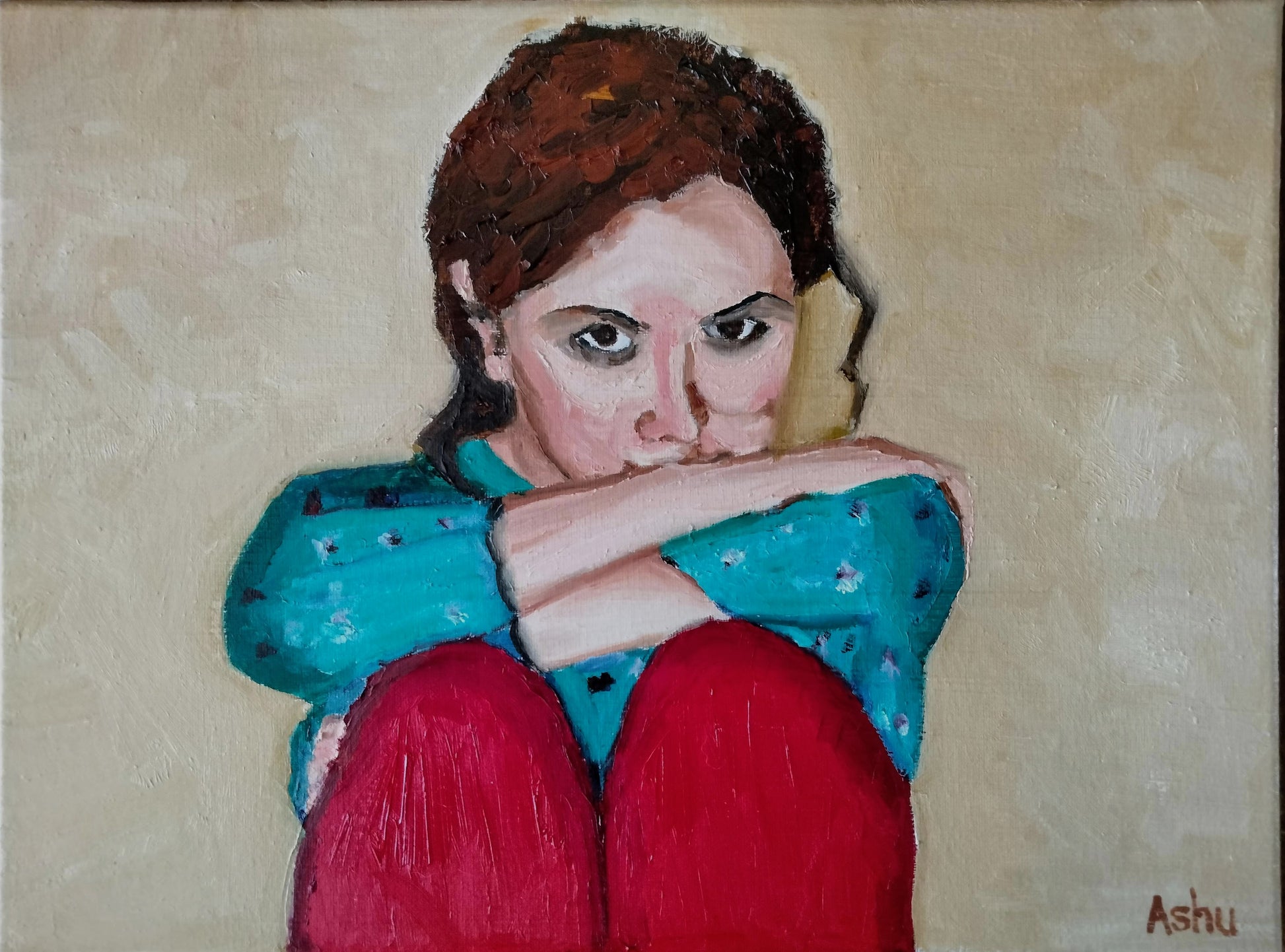 painting of a young #girl with dark brown hair and big piercing brown eyes, seen wearing turquoise top and red pants, sitting down, arms folded over her knees, gazing at the camera