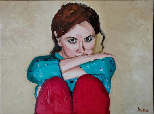 painting of a young #girl with dark brown hair and big piercing brown eyes, seen wearing turquoise top and red pants, sitting down, arms folded over her knees, gazing at the camera