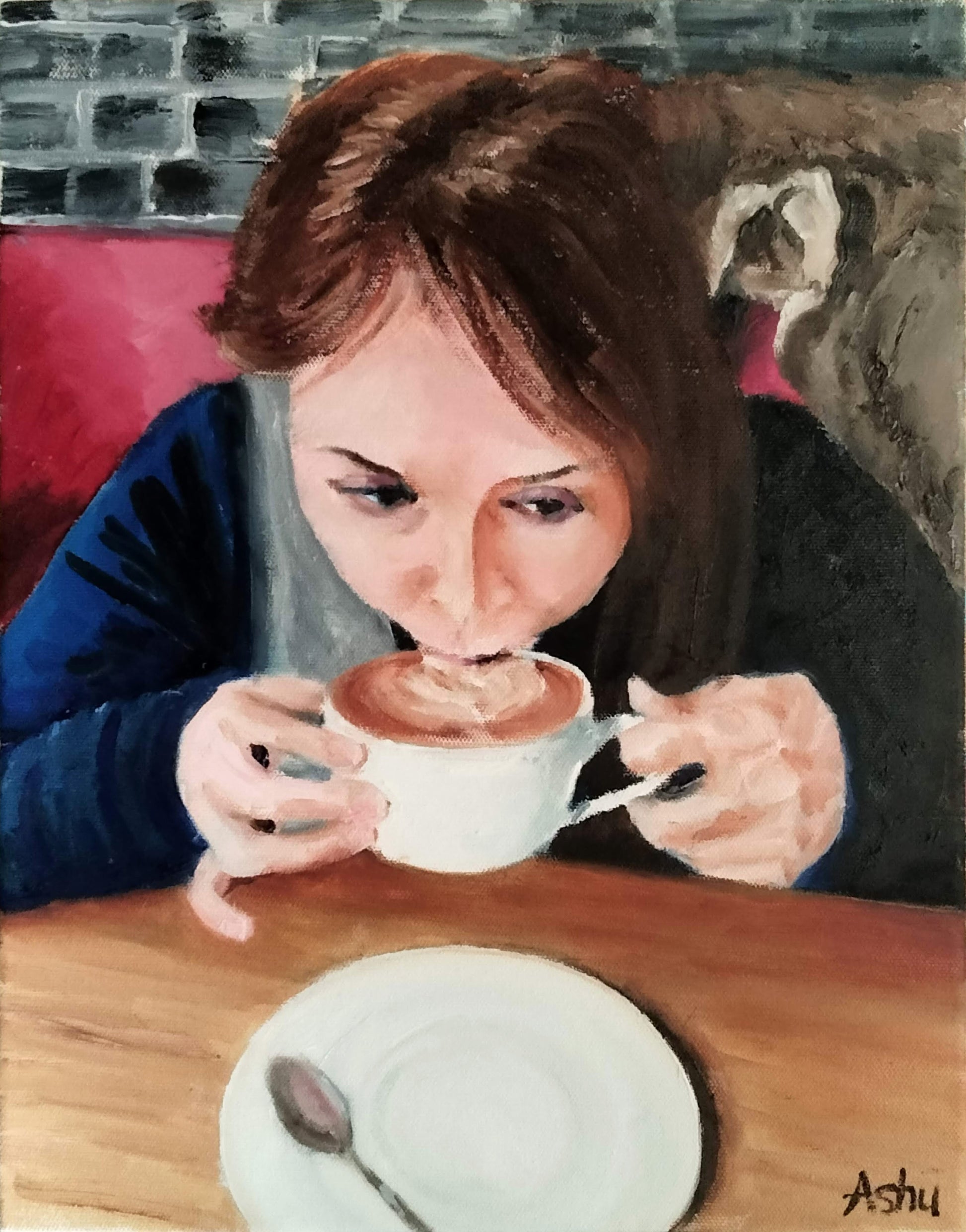 Artistic depiction of a woman drinking from a coffee cup with a brick wall background