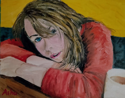 Painting of a young woman gazing with intrigue, resting her chin on a table, arms folded
