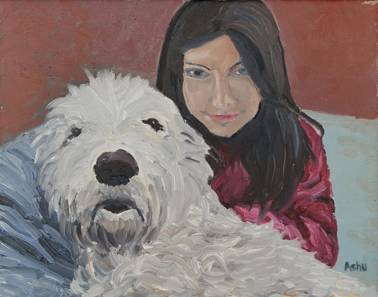 Painting of a little girl with a big Golden Doodle dog both posing for a photo gazing at the camera