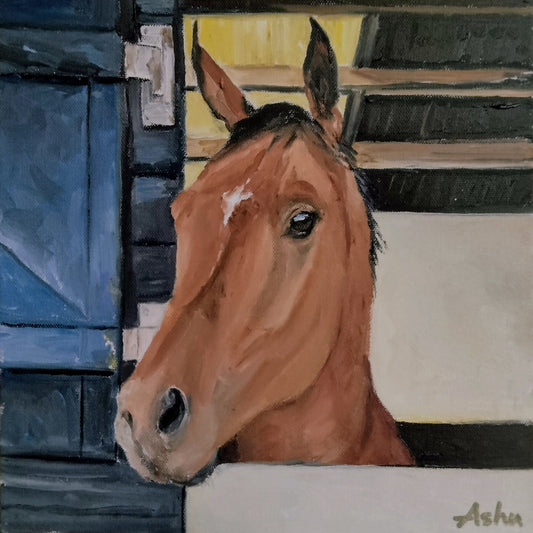 Painting of chestnut brown young horse named Madeeh gazing lovingly, as if saying good-night, as he retreats to his shed