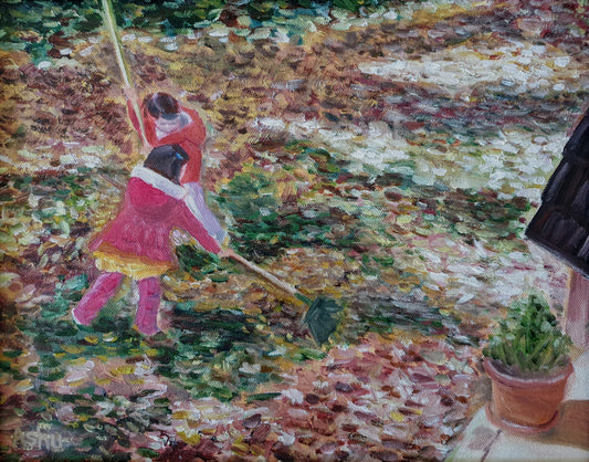 Painting of two little girls raking dry autumn leaves in a large yard on a Thanksgiving weekend
