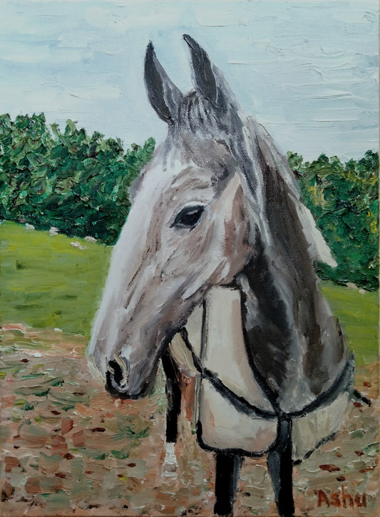 Painting of a gray horse profile with a distant view of the green meadows and blue sky with some rain clouds left over from the recent rain