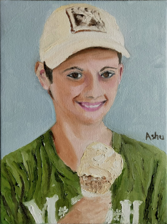 Painting of a boy with a baseball hat on, holding an ice-cream cone, smiling 