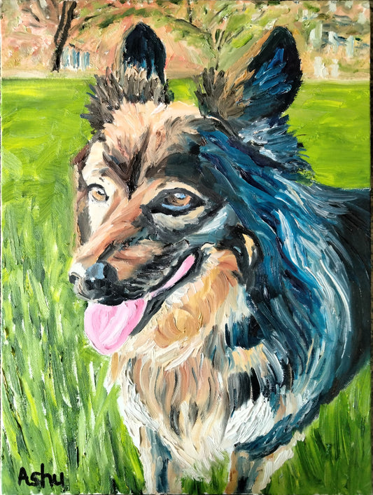 Painting of a malamute #dog looking happy in the spring meadows
