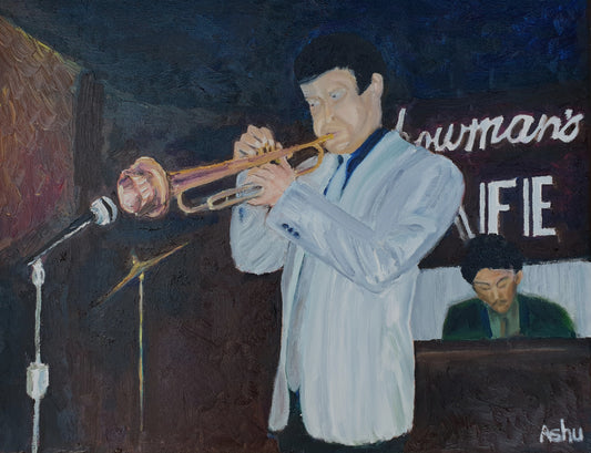 Painting of a musician (man) intensely playing trumpet in a quaint jazz lounge of Harlem, New York